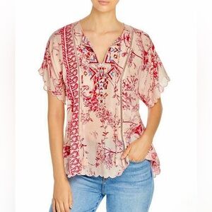 Johnny Was Pink Floral Embroidered V-Neck Blouse